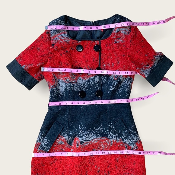 Vintage Ladies’ Wool Designer Red/Black “Spun Yarn” Short Sleeve Midi Dress 0/2 - Picture 15 of 16